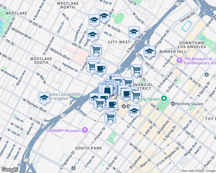 map of restaurants, bars, coffee shops, grocery stores, and more near 1000 Wilshire Boulevard in Los Angeles
