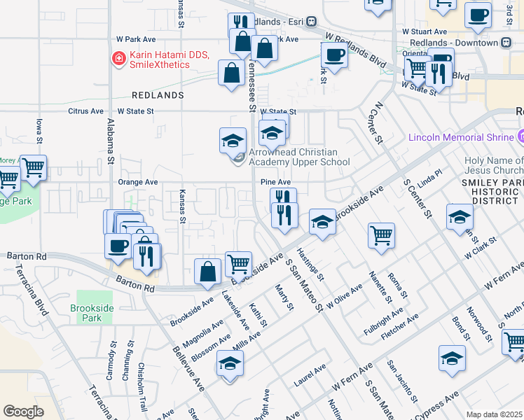 map of restaurants, bars, coffee shops, grocery stores, and more near 70 North San Mateo Street in Redlands