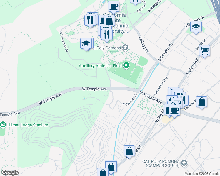 map of restaurants, bars, coffee shops, grocery stores, and more near 3801 West Temple Avenue in Pomona