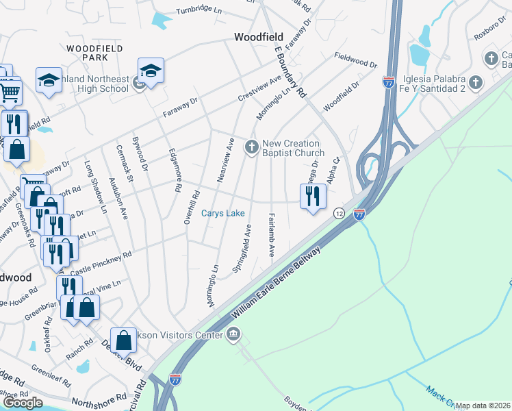 map of restaurants, bars, coffee shops, grocery stores, and more near 1782 Springfield Avenue in Columbia