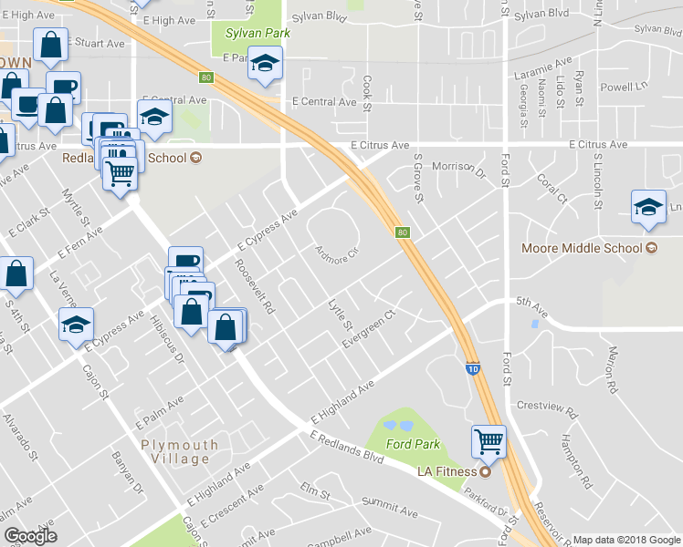 map of restaurants, bars, coffee shops, grocery stores, and more near 880 Ardmore Circle in Redlands