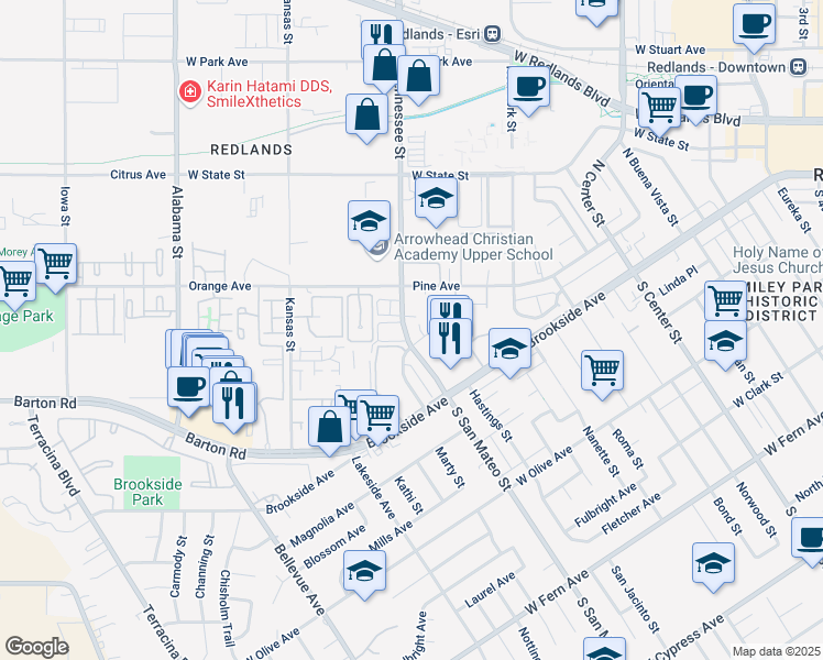map of restaurants, bars, coffee shops, grocery stores, and more near 16 San Mateo in Redlands