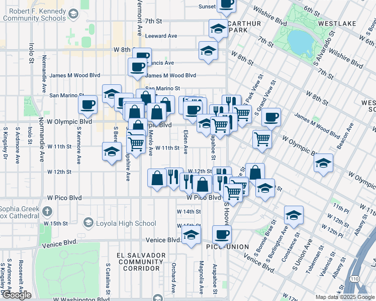 map of restaurants, bars, coffee shops, grocery stores, and more near 1125 Magnolia Avenue in Los Angeles