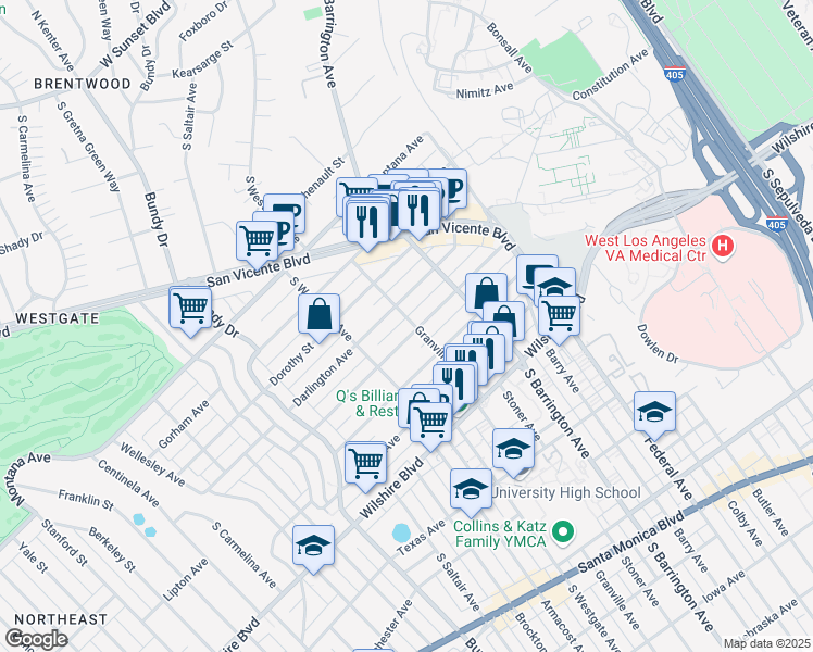 map of restaurants, bars, coffee shops, grocery stores, and more near 11805 Mayfield Avenue in Los Angeles