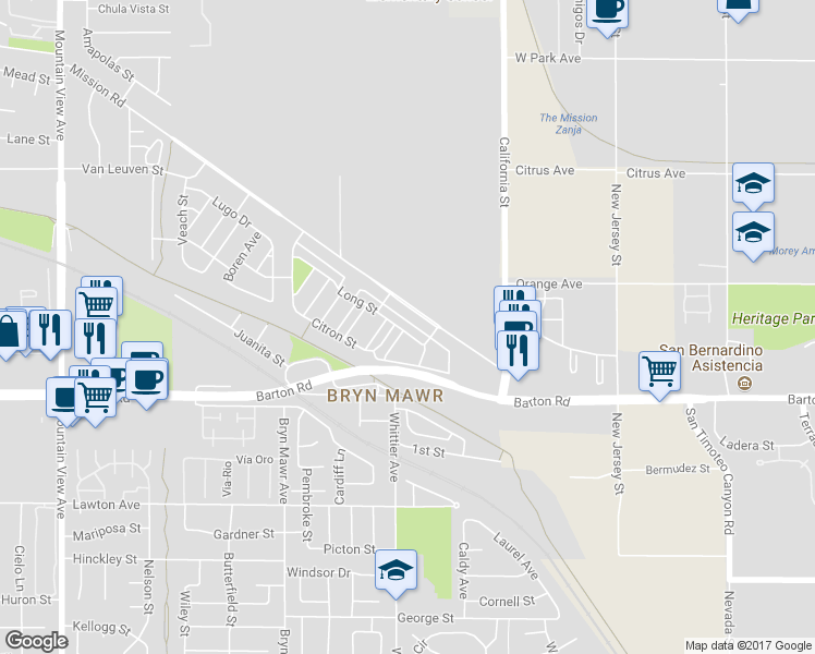 map of restaurants, bars, coffee shops, grocery stores, and more near 26330 Long Street in Loma Linda