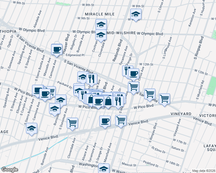 map of restaurants, bars, coffee shops, grocery stores, and more near in Los Angeles