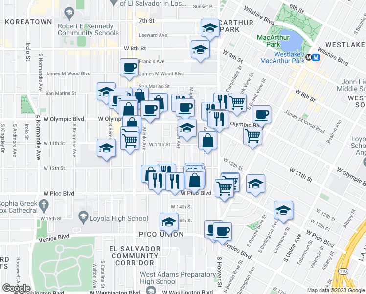 map of restaurants, bars, coffee shops, grocery stores, and more near 1102 Elden Avenue in Los Angeles