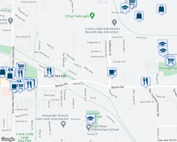 map of restaurants, bars, coffee shops, grocery stores, and more near 26330 Long Street in Loma Linda