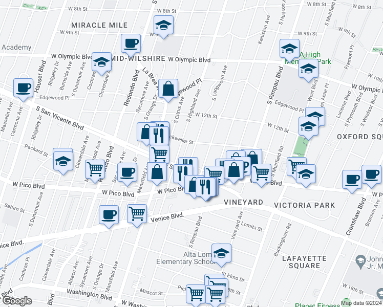 map of restaurants, bars, coffee shops, grocery stores, and more near 1327 South Longwood Avenue in Los Angeles