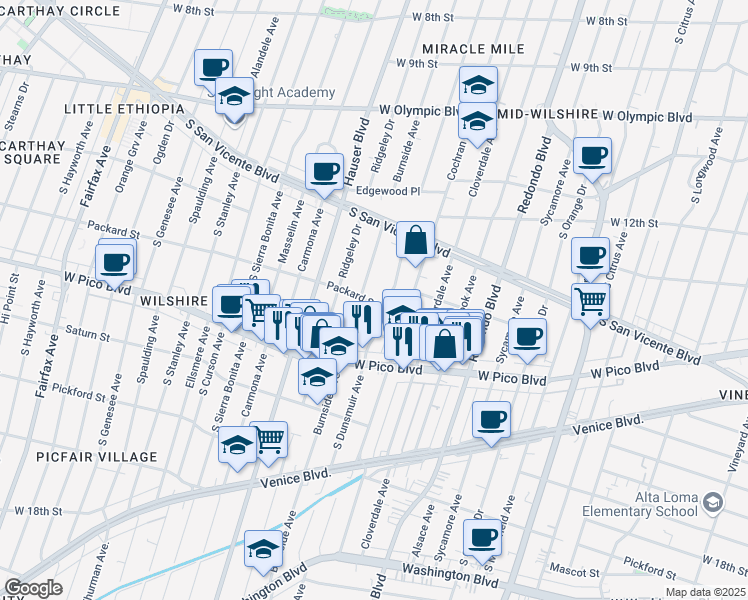 map of restaurants, bars, coffee shops, grocery stores, and more near 5355 Packard Street in Los Angeles