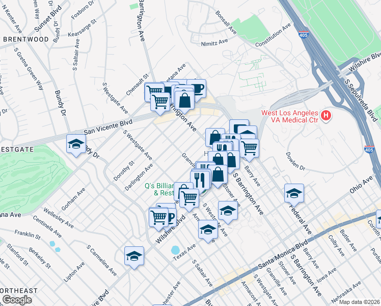 map of restaurants, bars, coffee shops, grocery stores, and more near 11717 Kiowa Avenue in Los Angeles