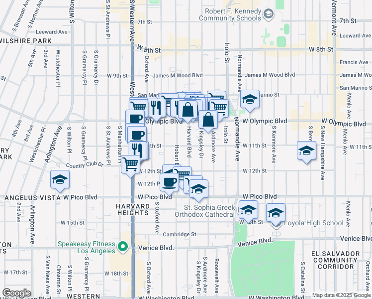 map of restaurants, bars, coffee shops, grocery stores, and more near 1128 South Hobart Boulevard in Los Angeles