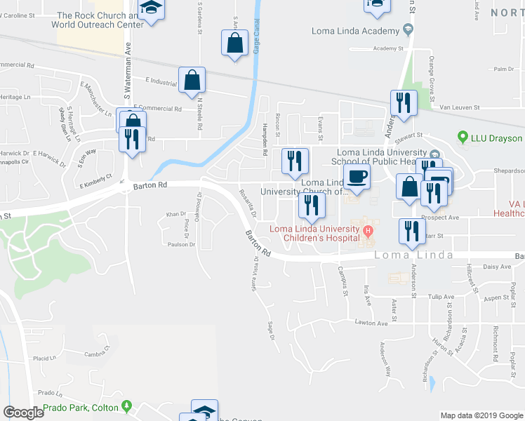map of restaurants, bars, coffee shops, grocery stores, and more near 11258 Rosarita Drive in Loma Linda