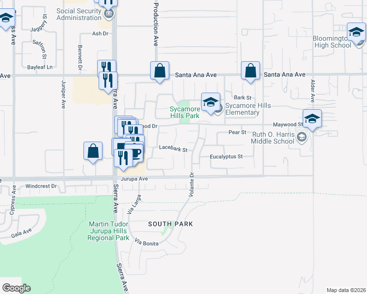 map of restaurants, bars, coffee shops, grocery stores, and more near 11211 Joshua Court in Fontana