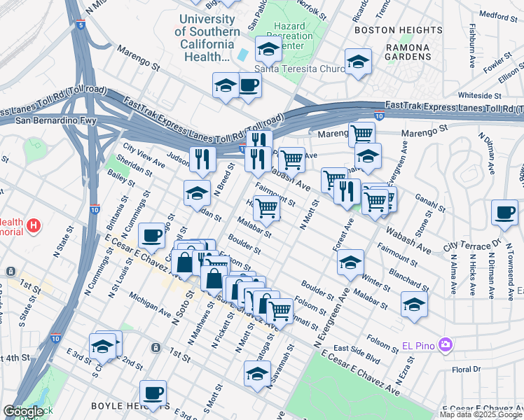 map of restaurants, bars, coffee shops, grocery stores, and more near 2506 Houston Street in Los Angeles