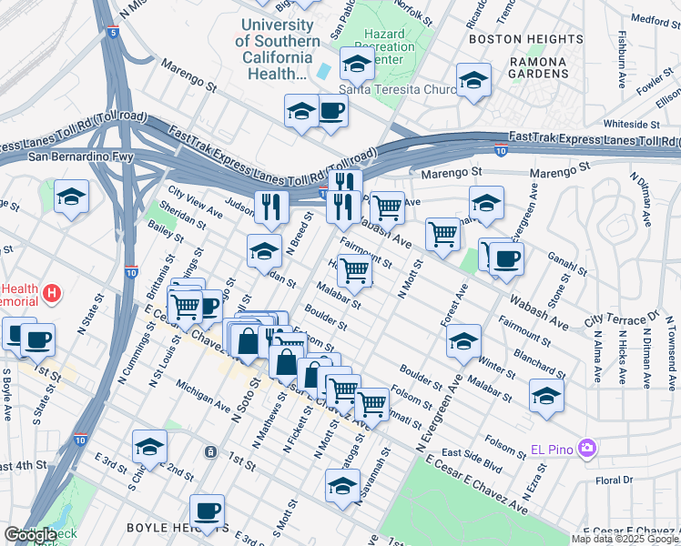map of restaurants, bars, coffee shops, grocery stores, and more near 2431 Malabar Street in Los Angeles