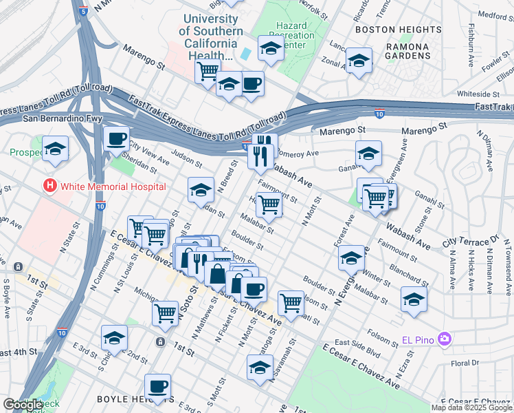 map of restaurants, bars, coffee shops, grocery stores, and more near 2431 Malabar Street in Los Angeles