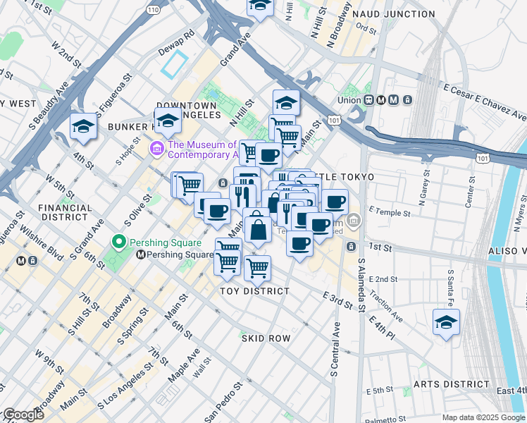 map of restaurants, bars, coffee shops, grocery stores, and more near 200 South Los Angeles Street in Los Angeles