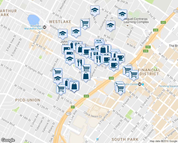 map of restaurants, bars, coffee shops, grocery stores, and more near in Los Angeles