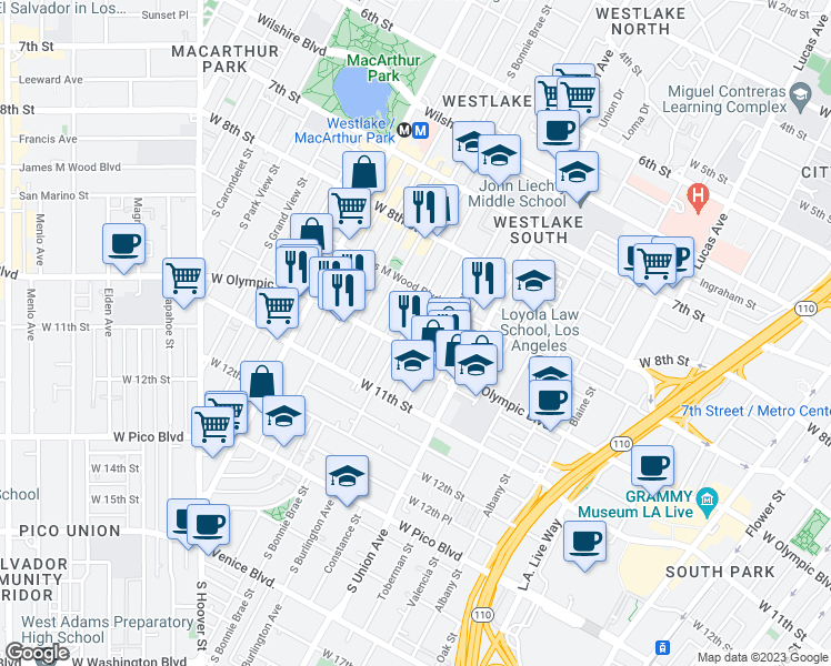 map of restaurants, bars, coffee shops, grocery stores, and more near 1730 West Olympic Boulevard in Los Angeles