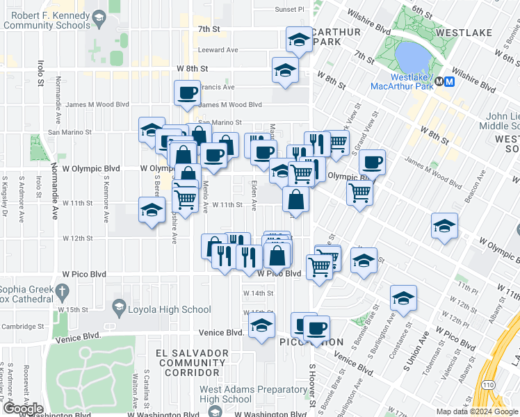 map of restaurants, bars, coffee shops, grocery stores, and more near 1125 Magnolia Avenue in Los Angeles