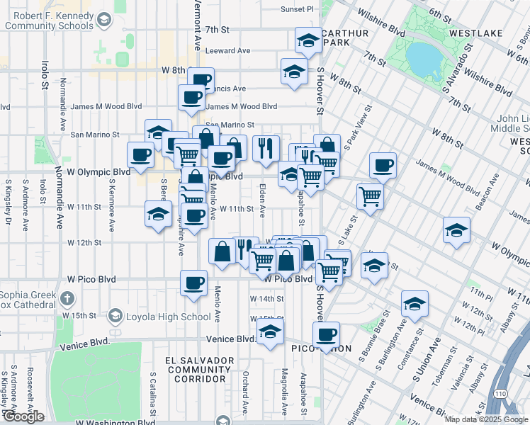 map of restaurants, bars, coffee shops, grocery stores, and more near 1125 Magnolia Avenue in Los Angeles