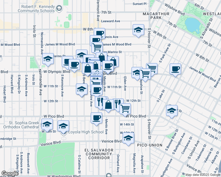 map of restaurants, bars, coffee shops, grocery stores, and more near 1118 1/2 Menlo Avenue in Los Angeles