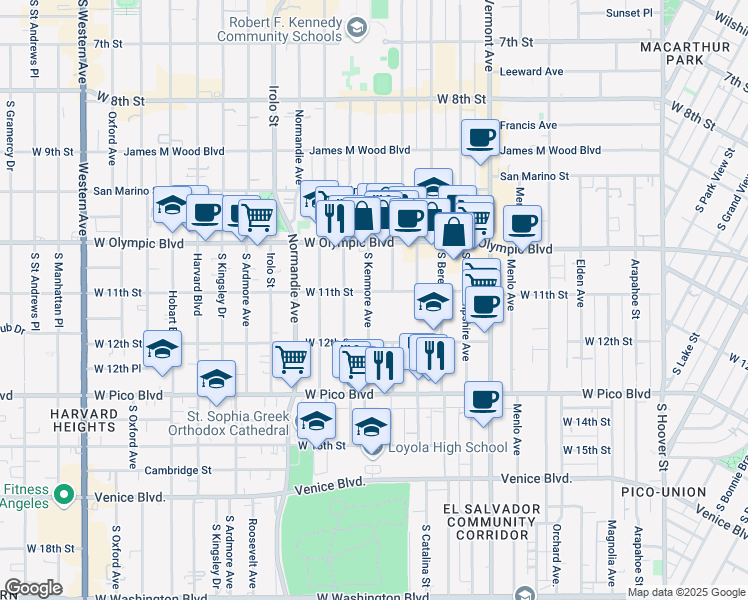 map of restaurants, bars, coffee shops, grocery stores, and more near 1134 South Kenmore Avenue in Los Angeles