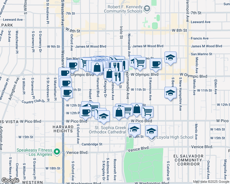 map of restaurants, bars, coffee shops, grocery stores, and more near 1128 South Ardmore Avenue in Los Angeles