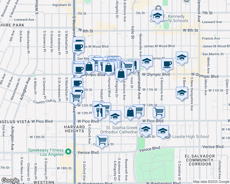 map of restaurants, bars, coffee shops, grocery stores, and more near 1127 South Kingsley Drive in Los Angeles
