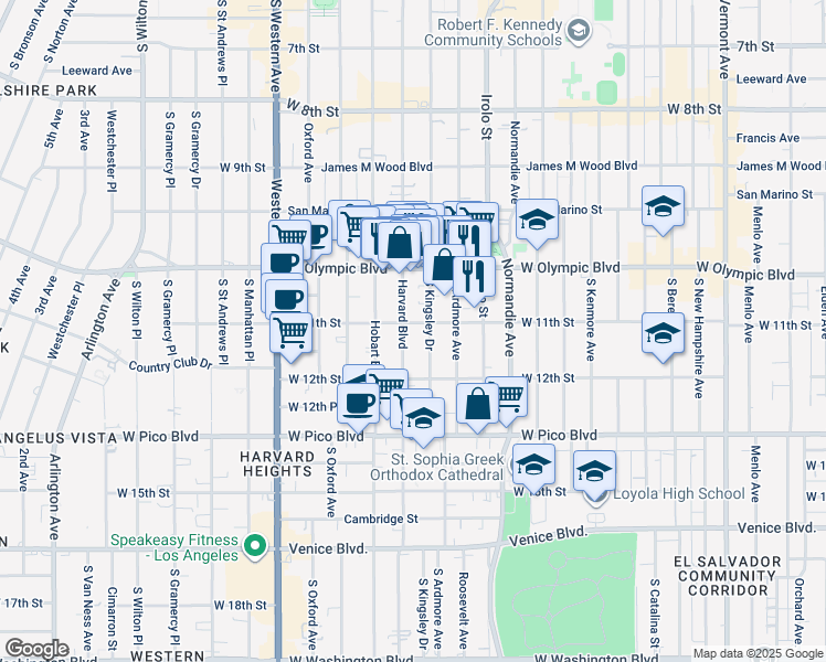map of restaurants, bars, coffee shops, grocery stores, and more near 1127 South Kingsley Drive in Los Angeles