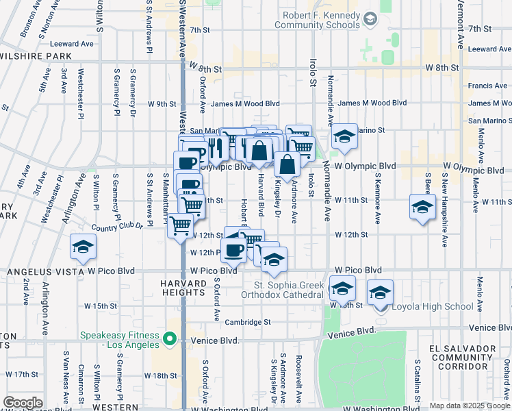 map of restaurants, bars, coffee shops, grocery stores, and more near 1128 South Hobart Boulevard in Los Angeles