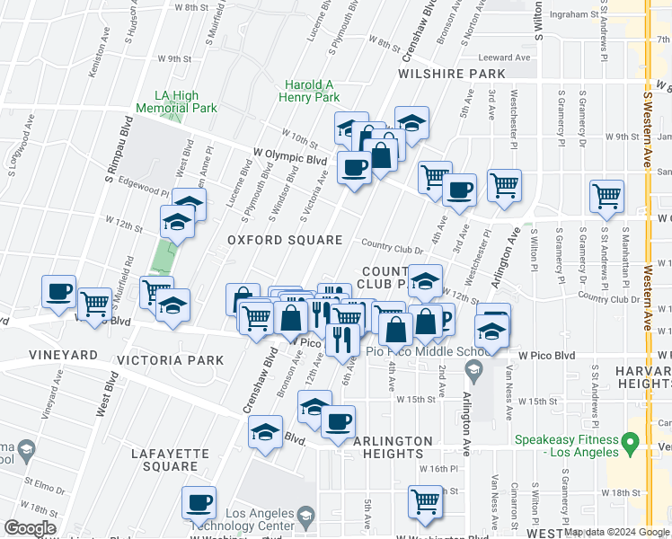 map of restaurants, bars, coffee shops, grocery stores, and more near 1203 South Bronson Avenue in Los Angeles