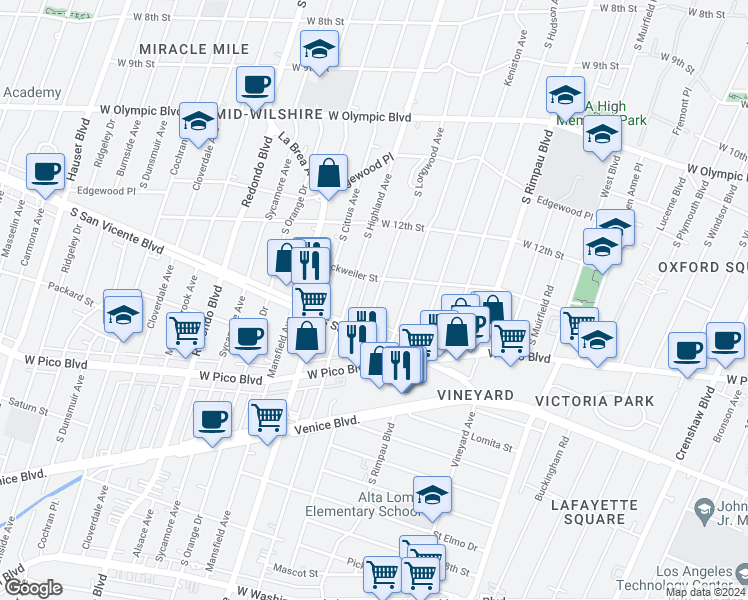map of restaurants, bars, coffee shops, grocery stores, and more near 1344 South Longwood Avenue in Los Angeles