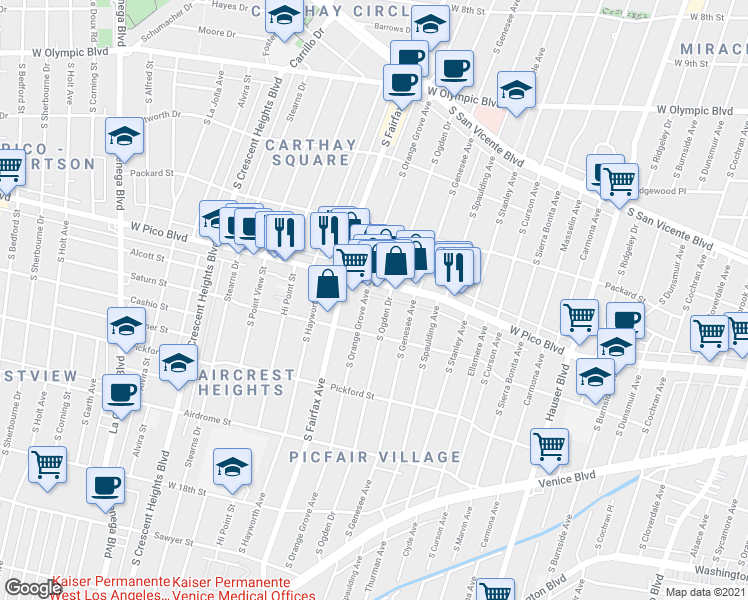 map of restaurants, bars, coffee shops, grocery stores, and more near 1435 South Ogden Drive in Los Angeles