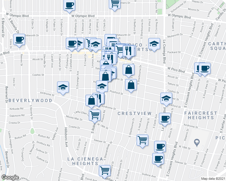 map of restaurants, bars, coffee shops, grocery stores, and more near 1608 South Wooster Street in Los Angeles