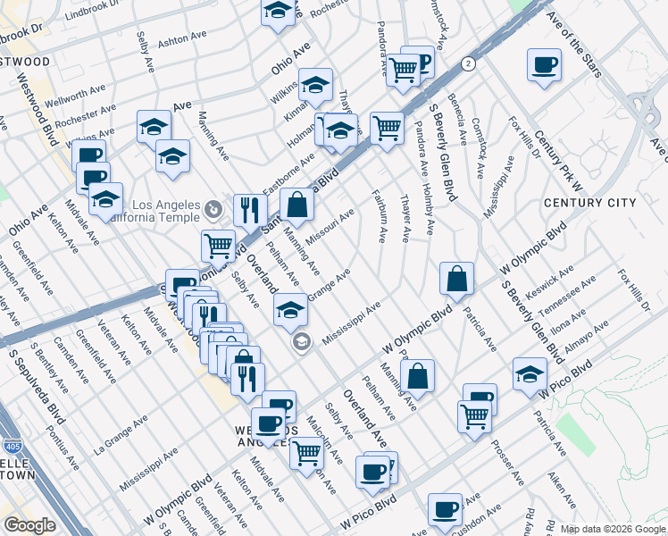 map of restaurants, bars, coffee shops, grocery stores, and more near 2007 Parnell Avenue in Los Angeles