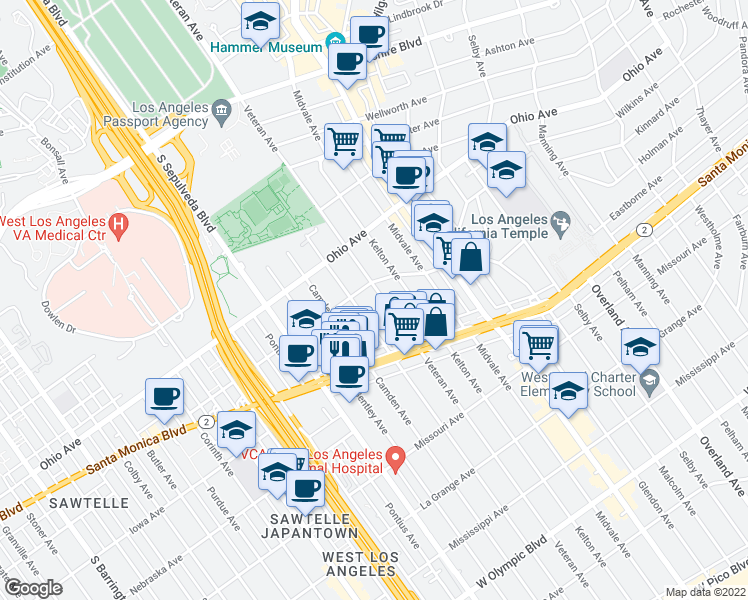 map of restaurants, bars, coffee shops, grocery stores, and more near 1641 Veteran Avenue in Los Angeles