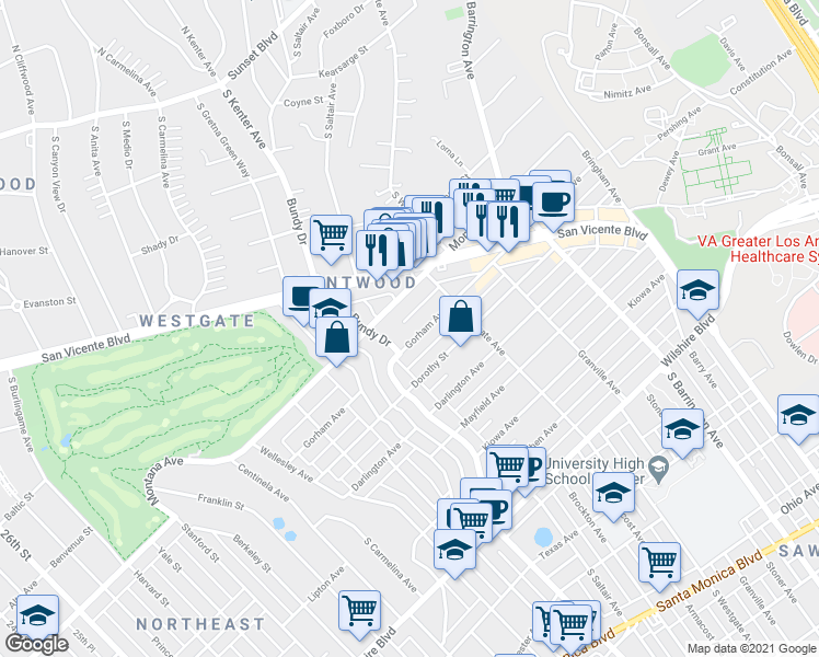 map of restaurants, bars, coffee shops, grocery stores, and more near 836 South Bundy Drive in Los Angeles