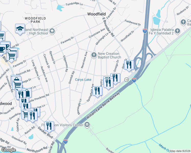 map of restaurants, bars, coffee shops, grocery stores, and more near 1782 Springfield Avenue in Columbia