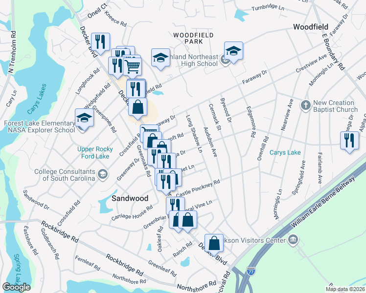 map of restaurants, bars, coffee shops, grocery stores, and more near 1136 Omega Drive in Columbia