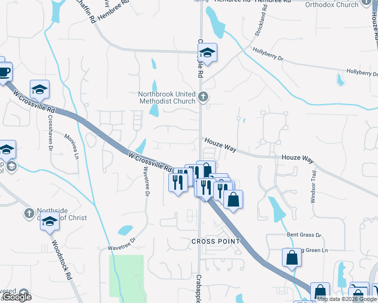 map of restaurants, bars, coffee shops, grocery stores, and more near Crabapple Road in Roswell