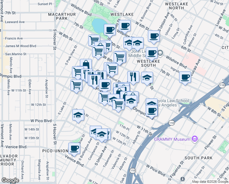 map of restaurants, bars, coffee shops, grocery stores, and more near 1730 West Olympic Boulevard in Los Angeles
