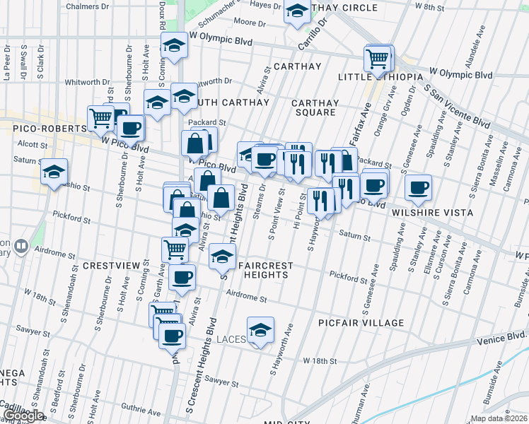 map of restaurants, bars, coffee shops, grocery stores, and more near 1511 South Point View Street in Los Angeles