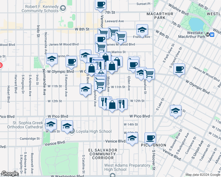 map of restaurants, bars, coffee shops, grocery stores, and more near 2574 West 11th Street in Los Angeles