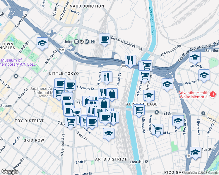 map of restaurants, bars, coffee shops, grocery stores, and more near 720 East Temple Street in Los Angeles