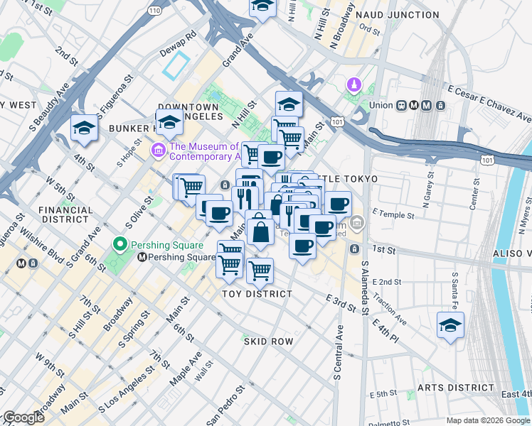 map of restaurants, bars, coffee shops, grocery stores, and more near 236 South Los Angeles Street in Los Angeles