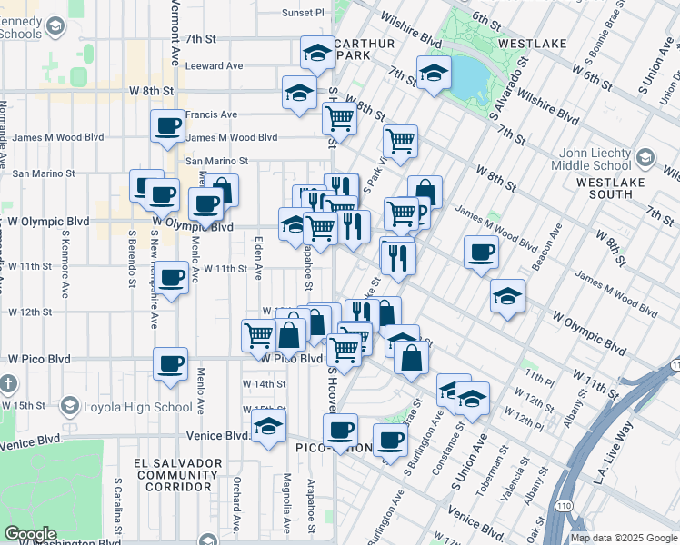 map of restaurants, bars, coffee shops, grocery stores, and more near 1130 South Hoover Street in Los Angeles