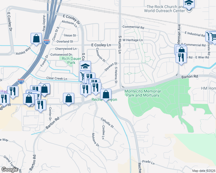 map of restaurants, bars, coffee shops, grocery stores, and more near in Colton