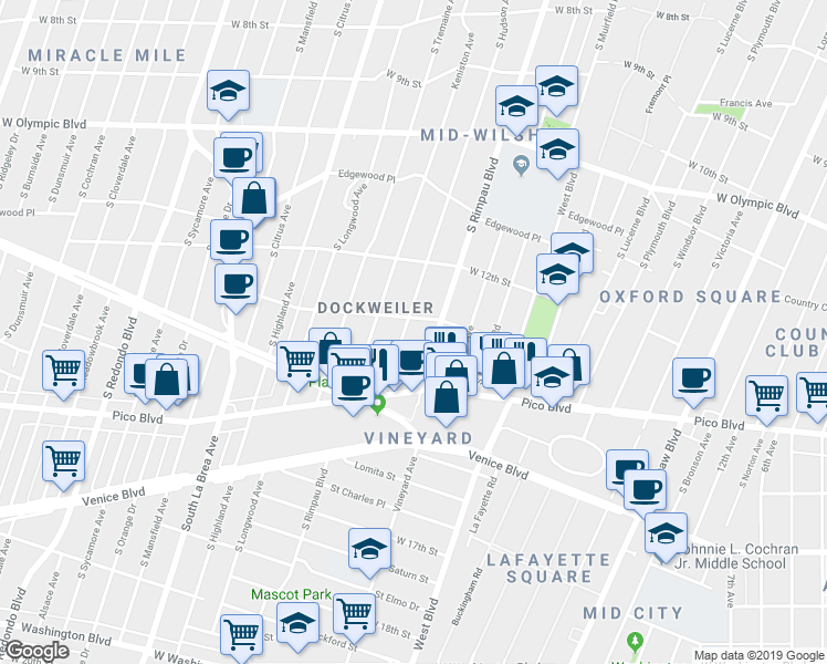 map of restaurants, bars, coffee shops, grocery stores, and more near 1314 South Hudson Avenue in Los Angeles